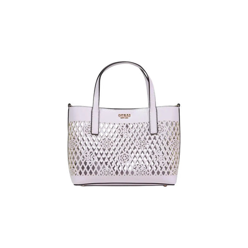 Guess lilac polyurethane handbag in white with a silver metallic lattice pattern and black handle trim with shoulder strap