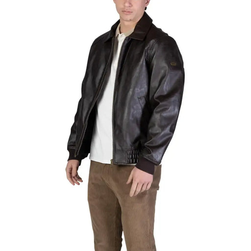 Guess Blouson aviateur homme en cuir marron foncé légèrement brillant avec poignets côtelés, taille L, polyuréthane classique