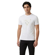 Guess T-shirt noir en coton pour homme, manches courtes, col rond, devant blanc et discret motif graphique doré sur la poitrine
