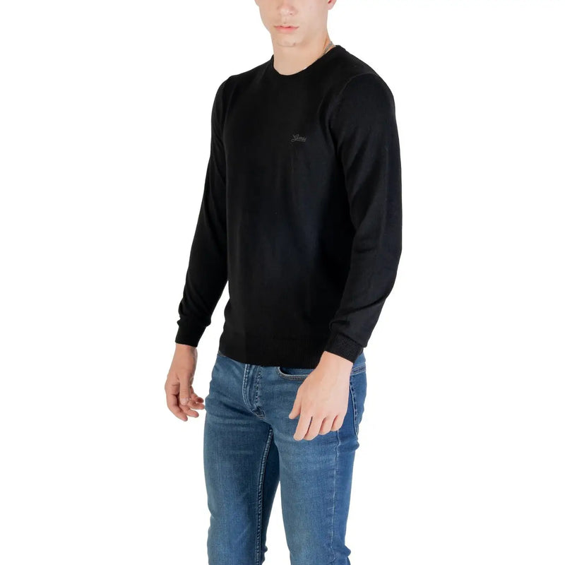 Guess men black knitwear round neck wool blend sweater with long sleeves and subtle embroidered logo on left chest