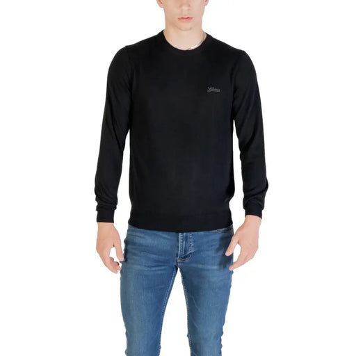 Guess Pull noir pour homme en maille, col rond, mélange de laine, manches longues et logo discret brodé sur la poitrine gauche