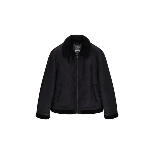 Guess Veste blazer noire pour homme en polyuréthane avec fermeture éclair, col en peau lainée et fermeture éclair sur le devant, deux poches latérales.