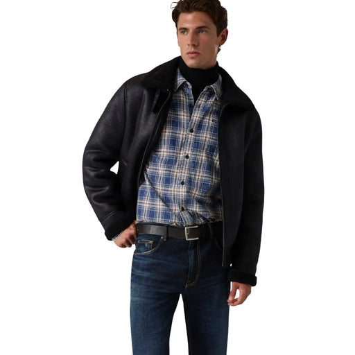 Guess Blouson aviateur noir en polyuréthane pour homme avec col en peau lainée douce, pour un vêtement d'extérieur élégant et chaud