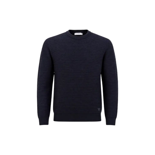 Guess Pull Merton bleu marine foncé à col rond pour homme, en maille côtelée discrète avec logo triangulaire.