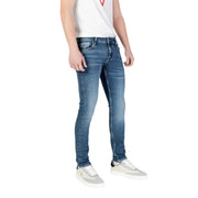 Guess men blue slim fit denim jeans with faded wash classic stitching and belt loops from spring summer collection