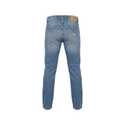 Back side of light-wash blue cotton stretch guess men jeans with classic straight-leg cut and logo on pocket