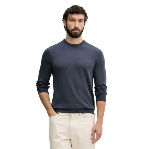 bleu foncé Guess Pull homme en maille à col rond, manches longues, poignets et ourlet côtelés, Marcos CN