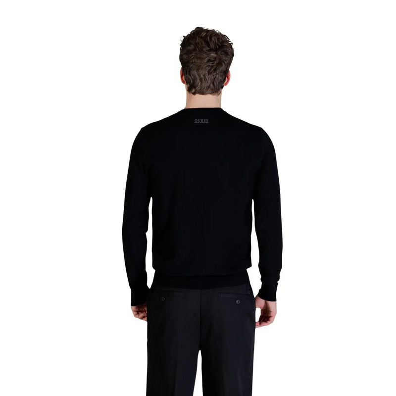 Black guess men knitwear kadir tech long sleeve sweater with subtle logo at the neckline in knit material