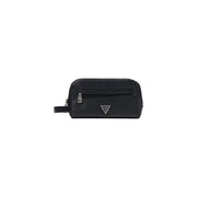 Guess Trousse de toilette homme Milano petite taille en similicuir noir texturé, fermeture éclair argentée et logo triangulaire