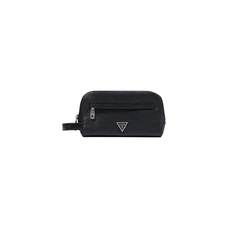 Guess Trousse de toilette homme Milano petite taille en similicuir noir texturé, fermeture éclair argentée et logo triangulaire