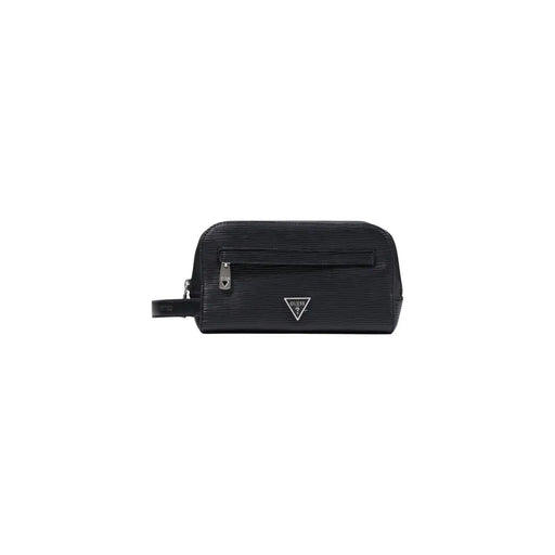 Guess Trousse de toilette homme Milano petite taille en similicuir noir texturé, fermeture éclair argentée et logo triangulaire