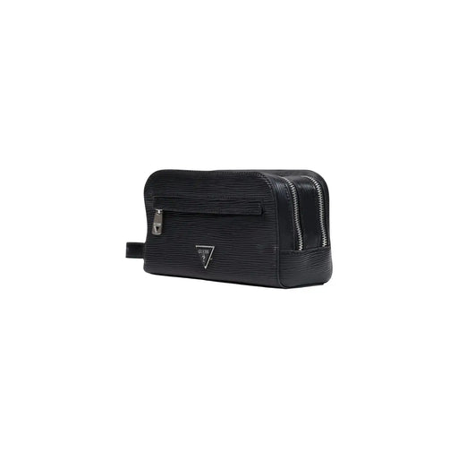 cuir noir texturé guess Trousse de toilette homme Milano petite taille avec fermetures éclair argentées et logo triangulaire W22