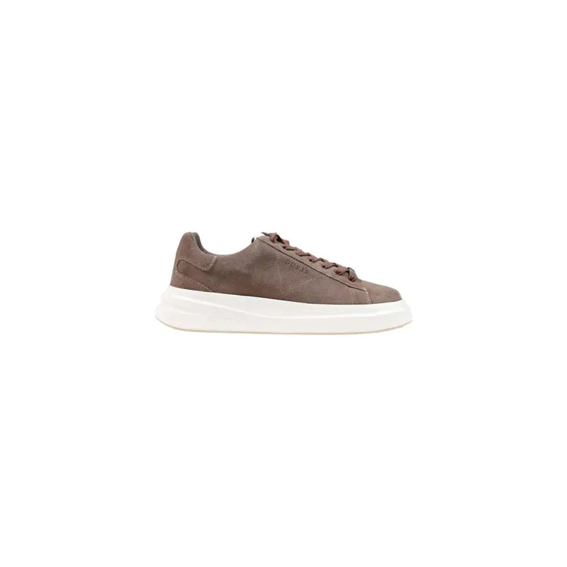 Guess Baskets homme en cuir noir Elba collection automne-hiver en daim marron -top basket avec semelle en caoutchouc blanc et lacets marron