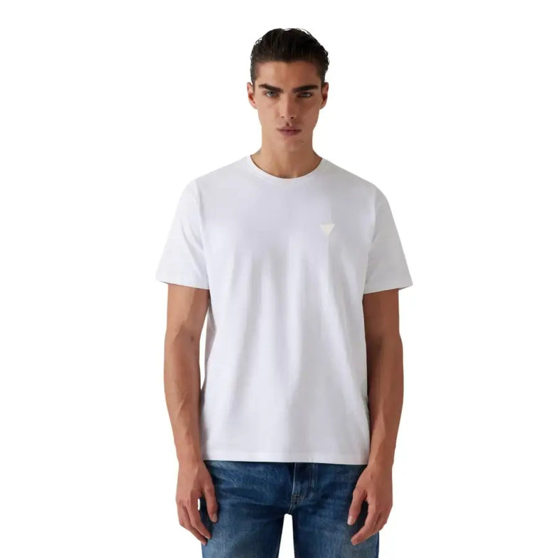 Guess T-shirt homme blanc à col rond avec logo triangulaire brodé discret, manches courtes, mélange coton modal