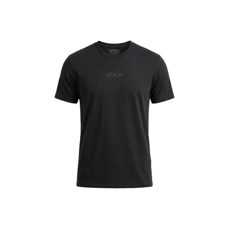 Noir Guess hommes t-shirt avec un logo brodé gris discret sur la poitrine dans une matière en coton confortable