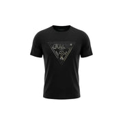 Noir Guess hommes t-shirt orné d'un logo triangulaire doré métallisé avec le nom de la marque et un motif en forme de point d'interrogation
