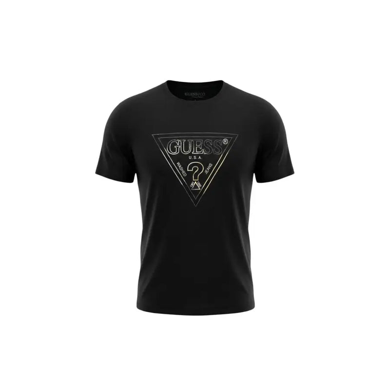 Noir Guess hommes t-shirt orné d'un logo triangulaire doré métallisé avec le nom de la marque et un motif en forme de point d'interrogation