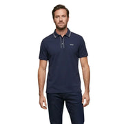 bleu marine Guess Polo homme à manches courtes en mélange de coton, avec bordure blanche au col et à la patte de boutonnage.