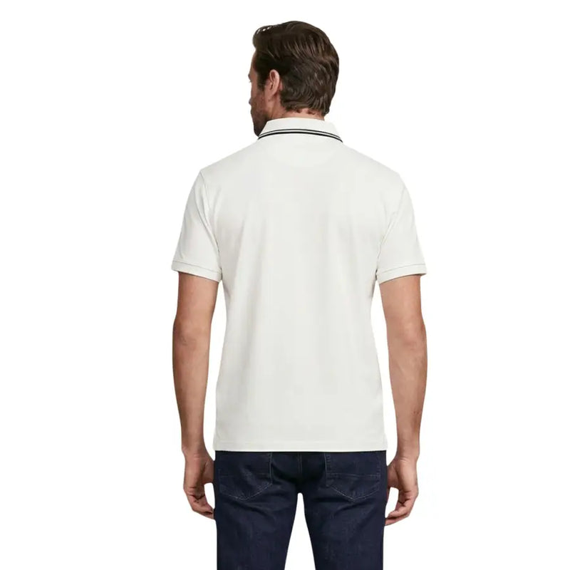 Guess Polo homme blanc à manches courtes en mélange de coton, corps crème et col blanc à rayures noires et marine