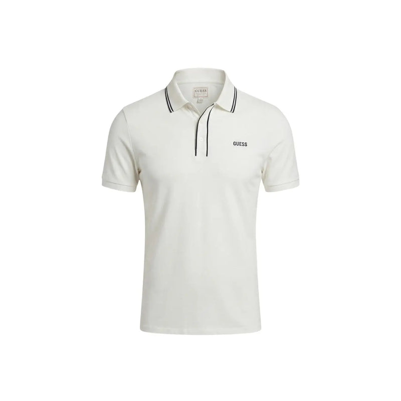 Guess men white short sleeve cotton blend polo shirt with black collar trim and subtle chest embroidered logo