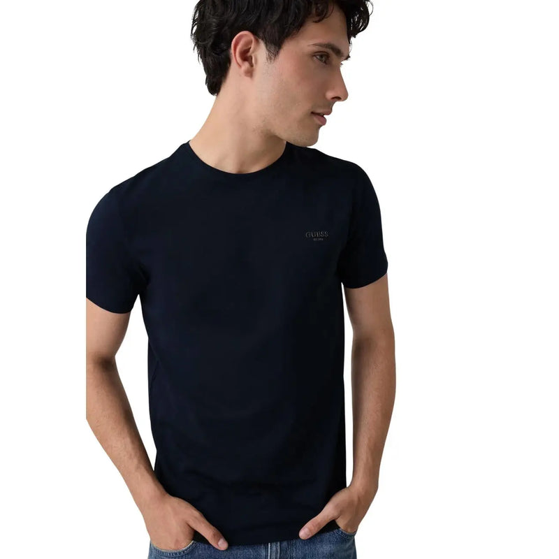 Noir guess T-shirt homme en coton à col rond, coupe extra slim, avec logo brodé discret sur la poitrine gauche.