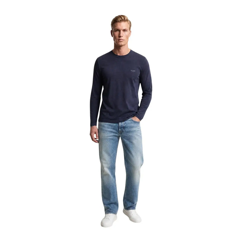 Guess T-shirt homme bleu marine, coupe ajustée, manches longues, col rond, en coton, logo discret sur la poitrine gauche