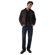 Guess Blazer homme marron en similicuir monogrammé avec fermeture éclair, col classique et fermeture éclair sur le devant, style blouson aviateur en daim marron foncé.