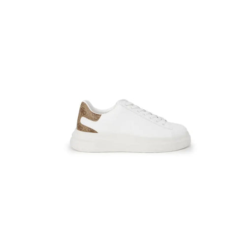 Guess men’s white leather low-top sneaker with brown patterned heel tab and thick white sole shown from the back side
