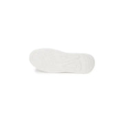 Guess men’s white leather sneakers with white rubber sole embossed logo and textured tread pattern visible