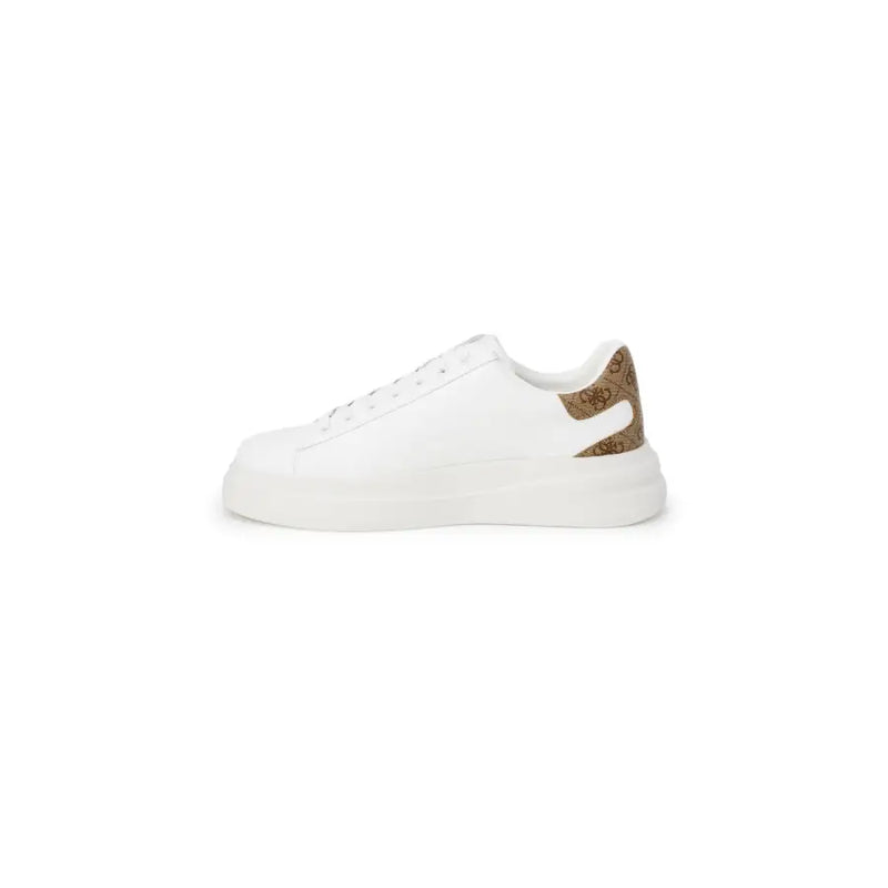 Guess men’s white leather low-top sneaker with brown patterned heel tab and thick white sole viewed from back