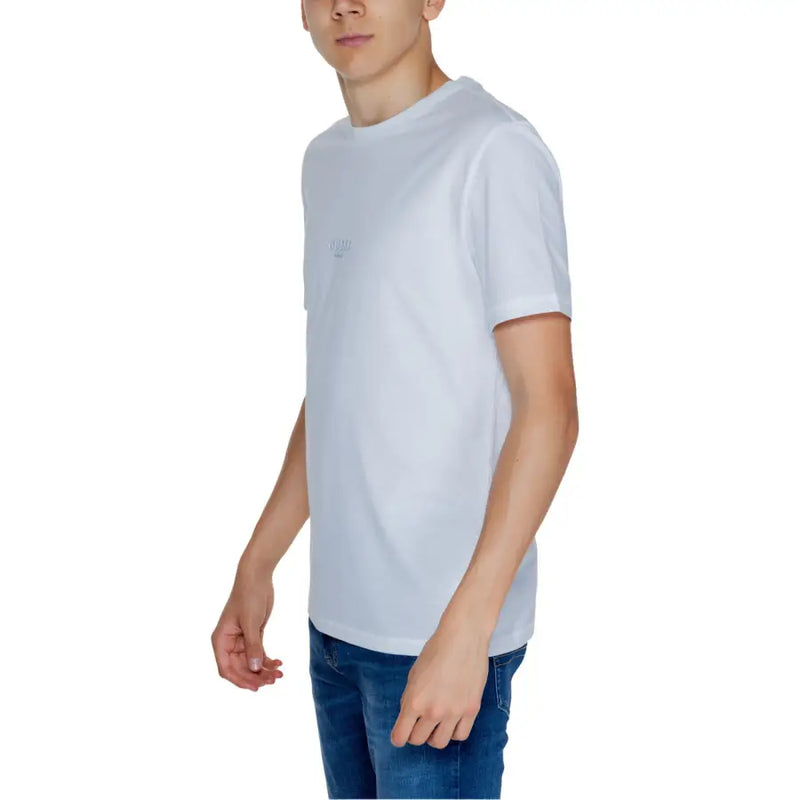 Guess T-shirt en coton blanc à col rond pour homme t-shirt avec un logo brodé discret sur la poitrine gauche