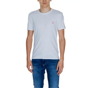 Guess T-shirt en coton blanc à col rond pour homme t-shirt avec un petit logo triangulaire rose sur la poitrine gauche