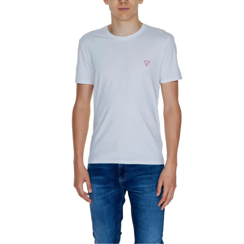 Guess T-shirt en coton blanc à col rond pour homme t-shirt avec un petit logo triangulaire rose sur la poitrine gauche