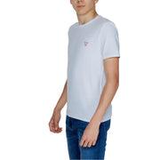 Guess col rond blanc pour homme t-shirt avec un petit logo triangulaire rose sur la poitrine gauche en tissu de coton