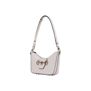 A sleek white Gucci shoulder bag in leather with a signature horsebit clasp and matching strap displayed