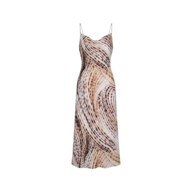 Guess pink v-neck sleeveless dress for women in a flowing, floor-length slip design with beige brown and black abstract pattern
