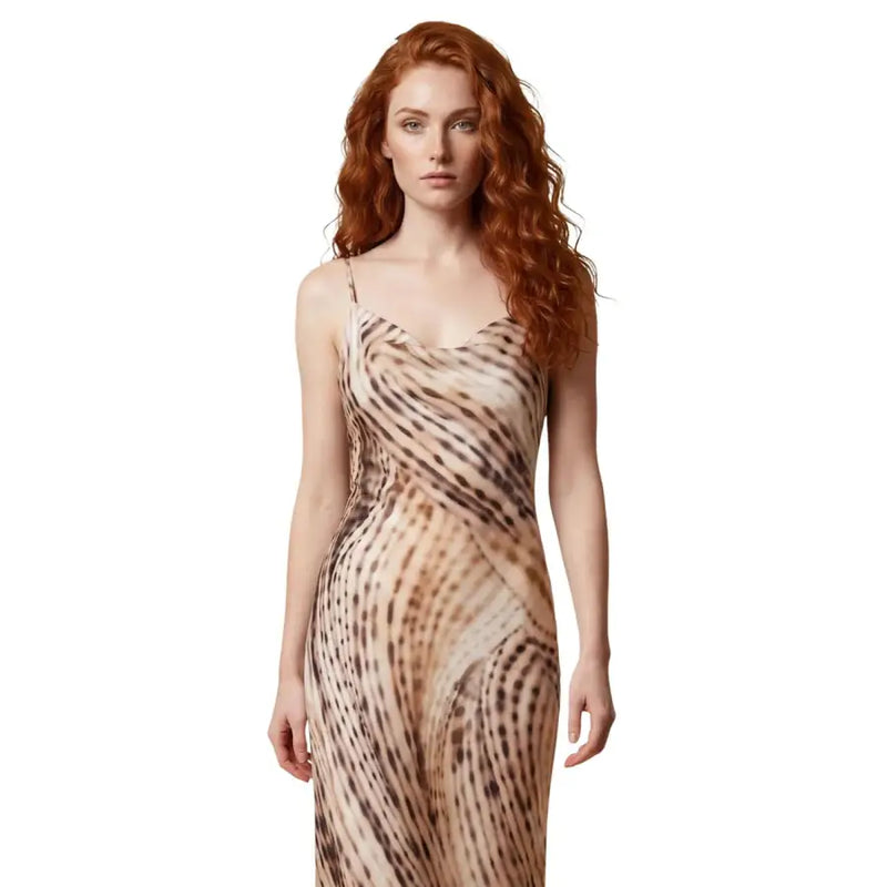Guess pink sleeveless dress for women with a flowing beige and brown animal print slip design and thin spaghetti straps