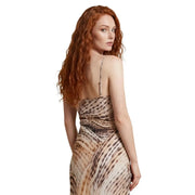 Guess pink v-neck sleeveless dress for women with a flowing fit and bold brown and beige striped pattern