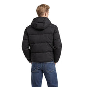 Guess Doudoune en daim noir pour femme, à capuche et surpiqûres horizontales, vue de face