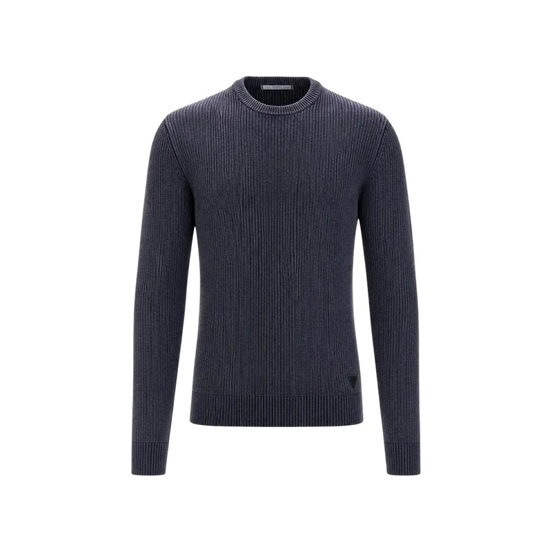 Guess Pull Manny pour homme en maille côtelée bleu foncé à col rond, vue de face