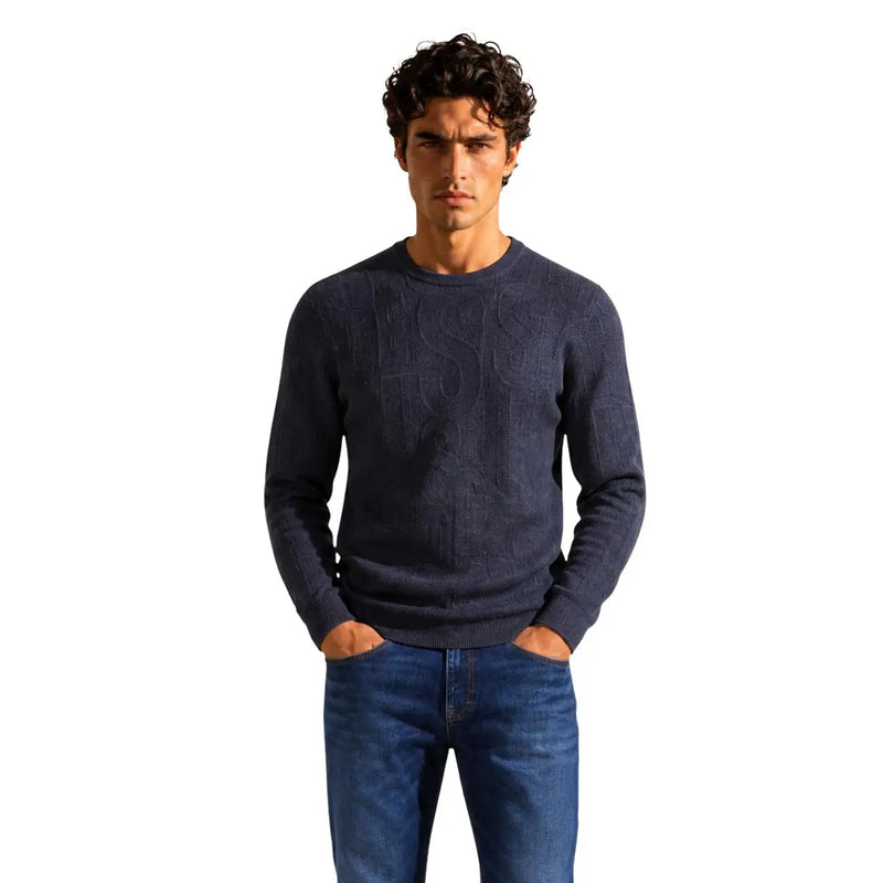 Guess Pull NESTOR pour homme en maille texturée bleu marine à motif en relief, vue de face