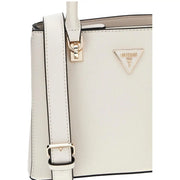 A sleek white Guess polyurethane handbag with textured surface gold-tone hardware and triangular logo plaque