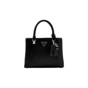 Guess Sac à main en cuir noir texturé avec détails argentés et étiquette logo