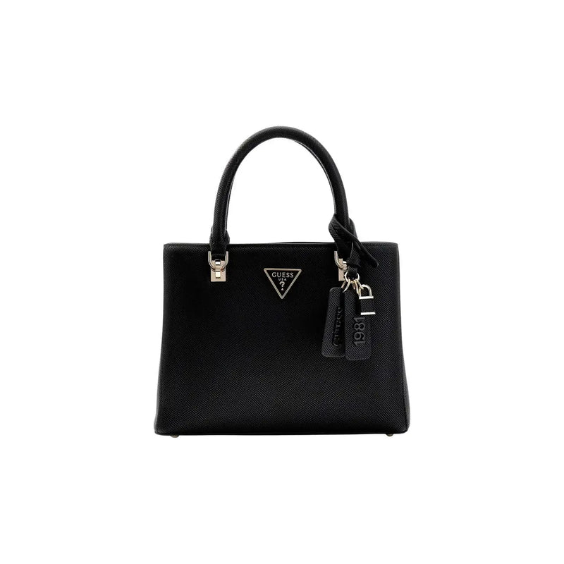 Guess Sac à main en cuir noir texturé avec détails argentés et étiquette logo