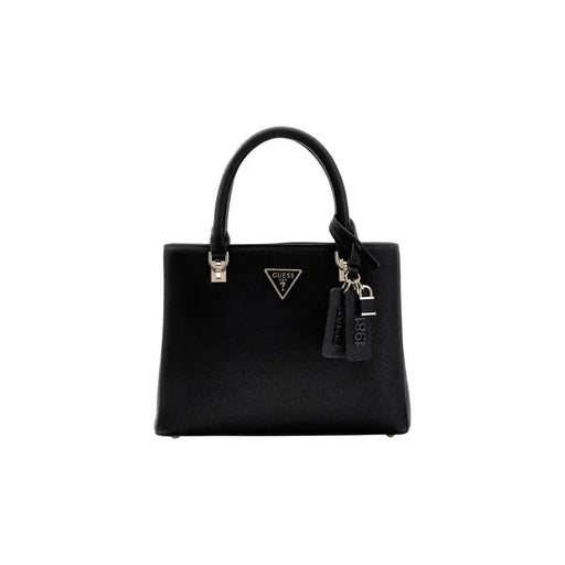 Guess Sac à main en cuir noir texturé avec détails argentés et étiquette logo