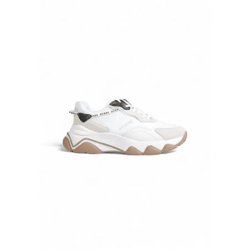 Back view of guess white women lace up textile rubber sneakers in white and beige with textured upper and black logo heel tab