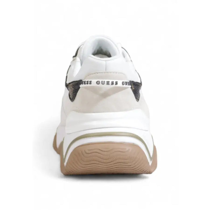 White Guess women lace up textile rubber sneakers with black textured accents and tan rubber sole for fall winter wear