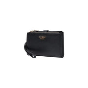 cuir noir texturé guess Portefeuille Amorette pour femme en polyuréthane 20 cm, orné d'un logo doré et d'une fermeture éclair.
