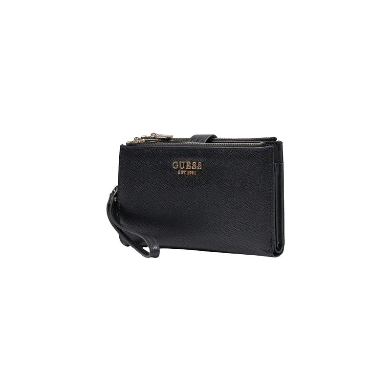 cuir noir texturé guess Portefeuille Amorette pour femme en polyuréthane 20 cm, orné d'un logo doré et d'une fermeture éclair.