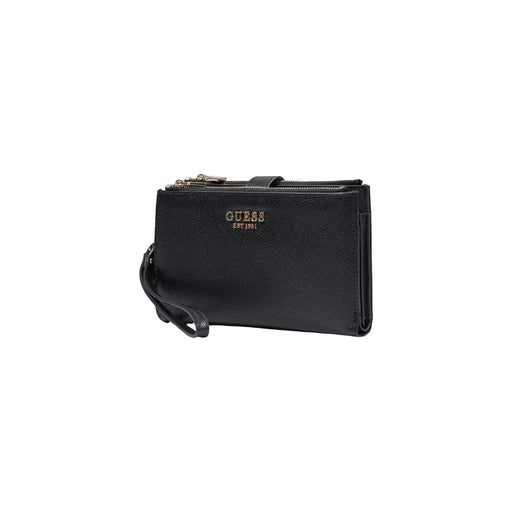 cuir noir texturé guess Portefeuille Amorette pour femme en polyuréthane 20 cm, orné d'un logo doré et d'une fermeture éclair.